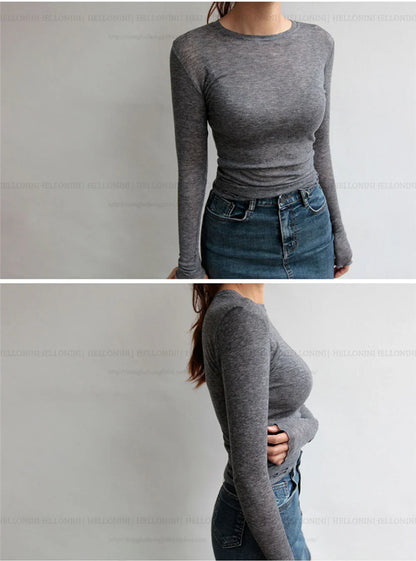 Plain T Shirt Women Cotton Elastic Basic T-shirts Female Casual Tops Long Sleeve Sexy Thin T-shirt see through
