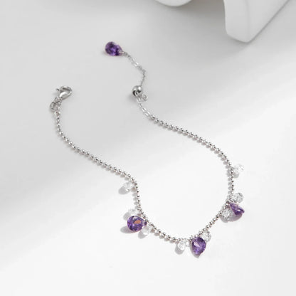 Beads Link Chain Bracelet 925 Sterling Silver Purple Zirconia Water Drop Charm Stackable Bracelet For Women Jewelry Gift
