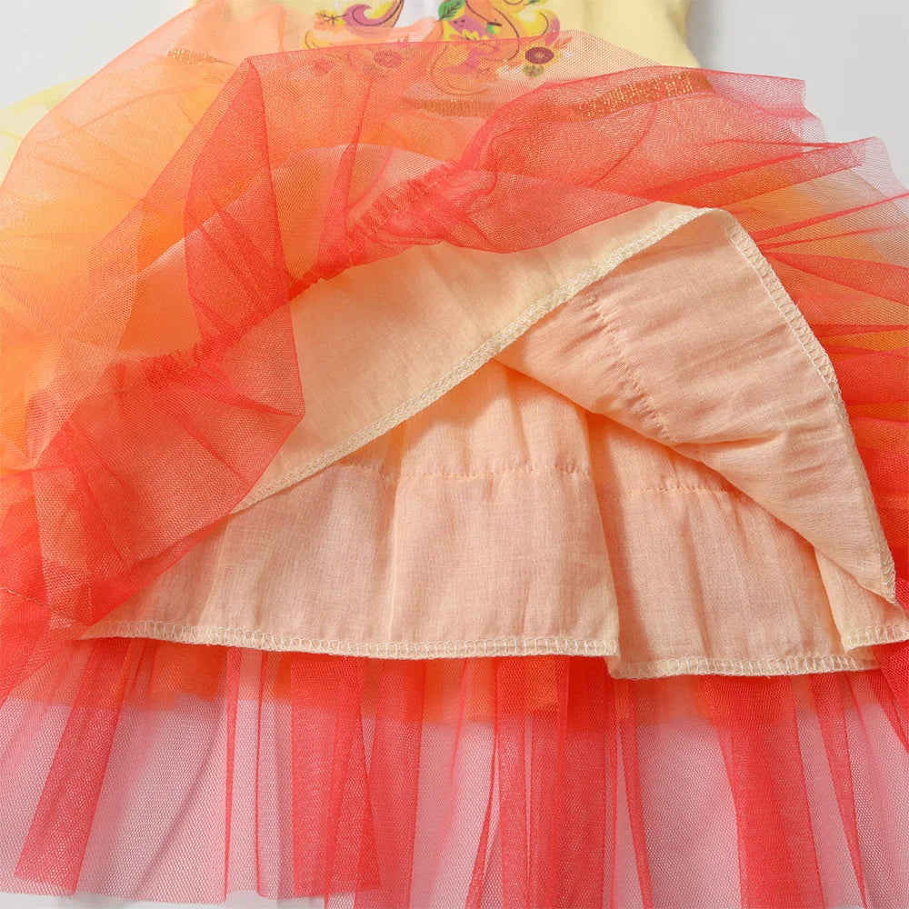 Kids Summer Vestidos Girls Flare Sleeve Mesh Tulle Layered Princess Birthday Party Tutu Dresses Girls Unicorn Print Dress