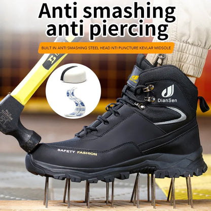 Men Work Boots Puncture-Proof Waterproof Work Shoes Steel Toe Safety Boots Industrial Indestructible Boots Side Leather Shoes