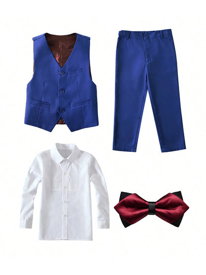 4pcs/set Boys' Suit Set With Pants, Vest, Shirt And Tie School Uniforms