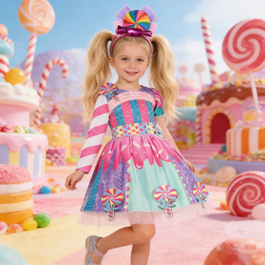 New Candy Dress Lollipop Cosplay Costume Rainbow Dress Carnival Purim Party Princess Dress Long Short Sleeves Candies Dresses