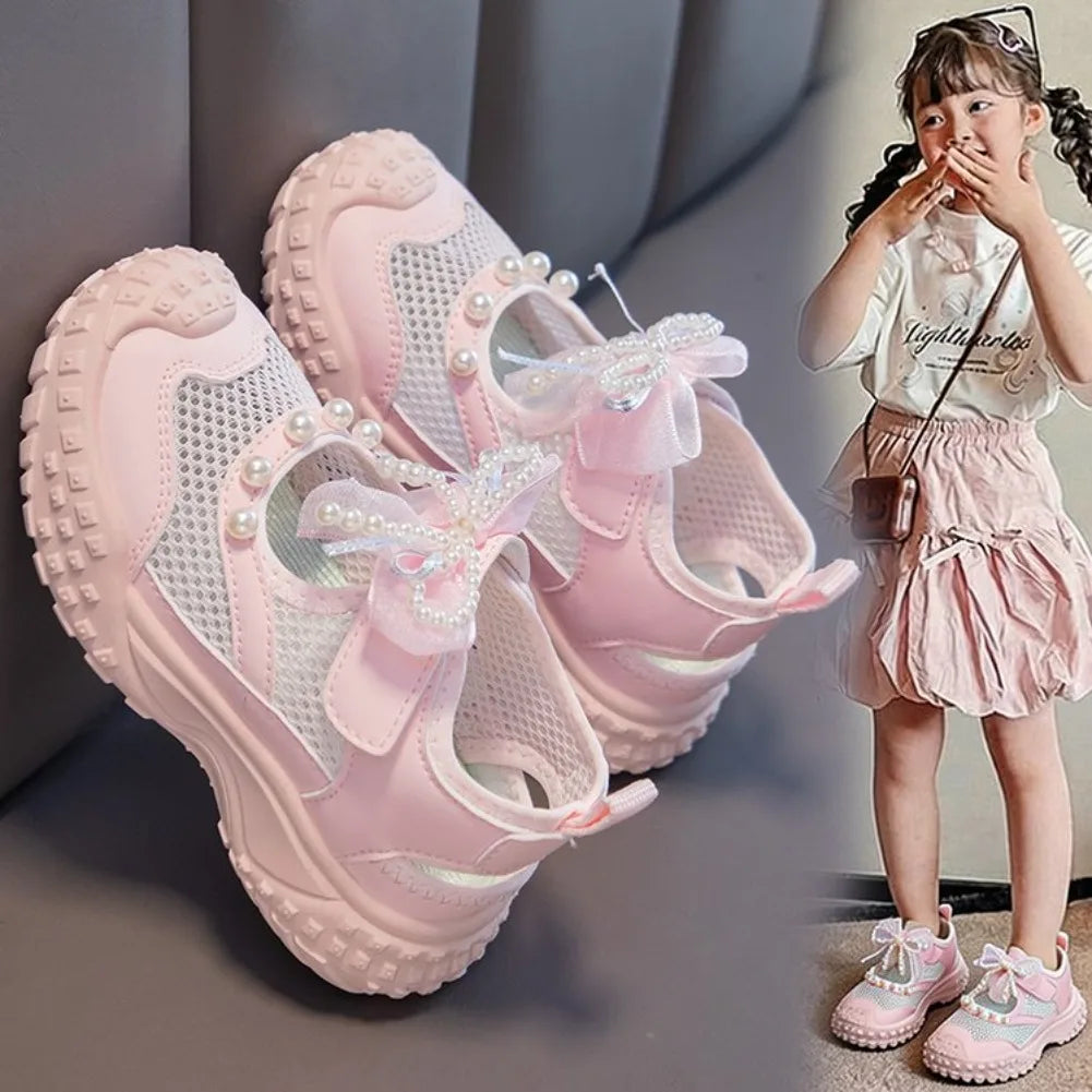 Girls Sports Sandals Sweet Lace Bows Beading Kids Casual Shoes Mesh Breathable Soft 2026 Summer New Children Princess Sandals