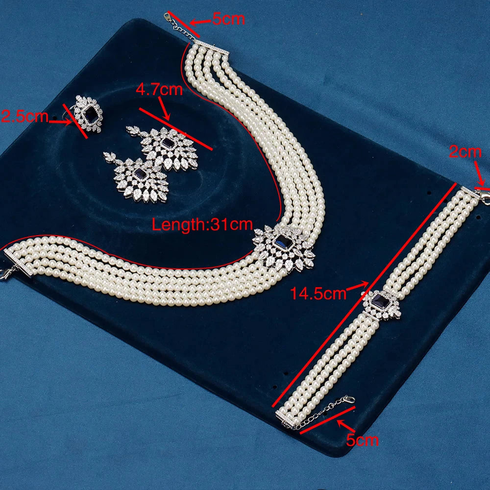 Gorgeous 5 Layered Imitation Pearl Choker with Planet Pendant Necklaces Bracelet Zircon 4PCS Jewelry Set for Women Wedding