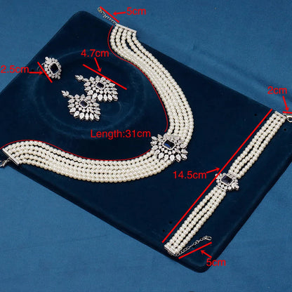 Gorgeous 5 Layered Imitation Pearl Choker with Planet Pendant Necklaces Bracelet Zircon 4PCS Jewelry Set for Women Wedding