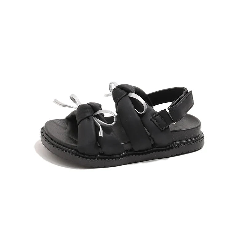 2026 Summer Girls Princess Sandals with Double Bow-knots Soft Fashion Classic Kids Summer Beach Shoes Open Toes Sweet Anti-skid