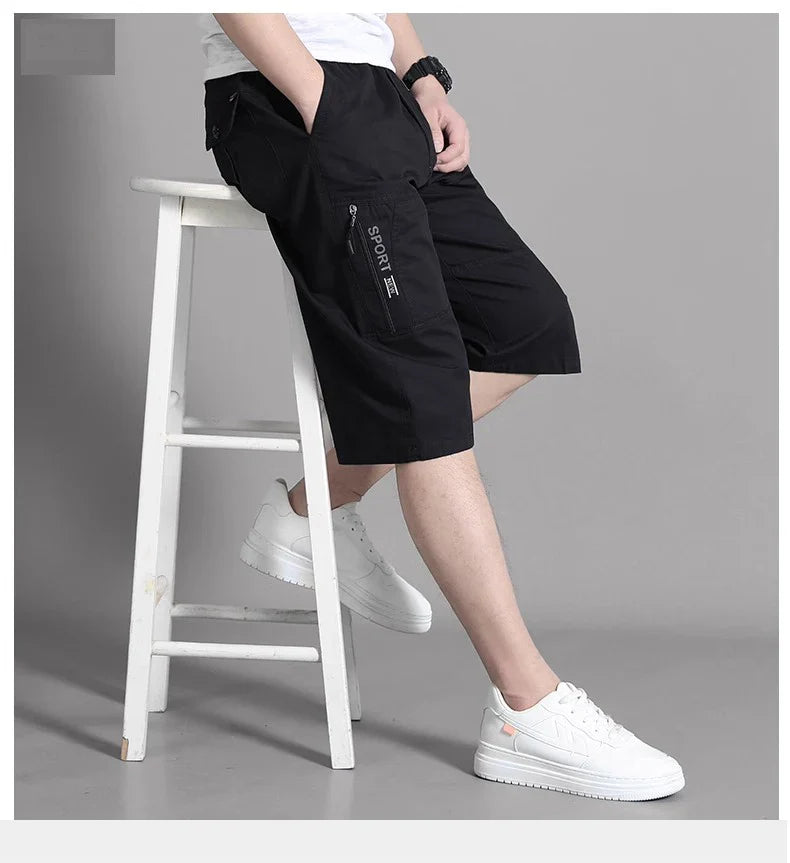 Mens Cargo Shorts Knee Pants Zipper Pocket Summer Cotton Shorts Climbing Jogger Elastic Waist Sports Wear