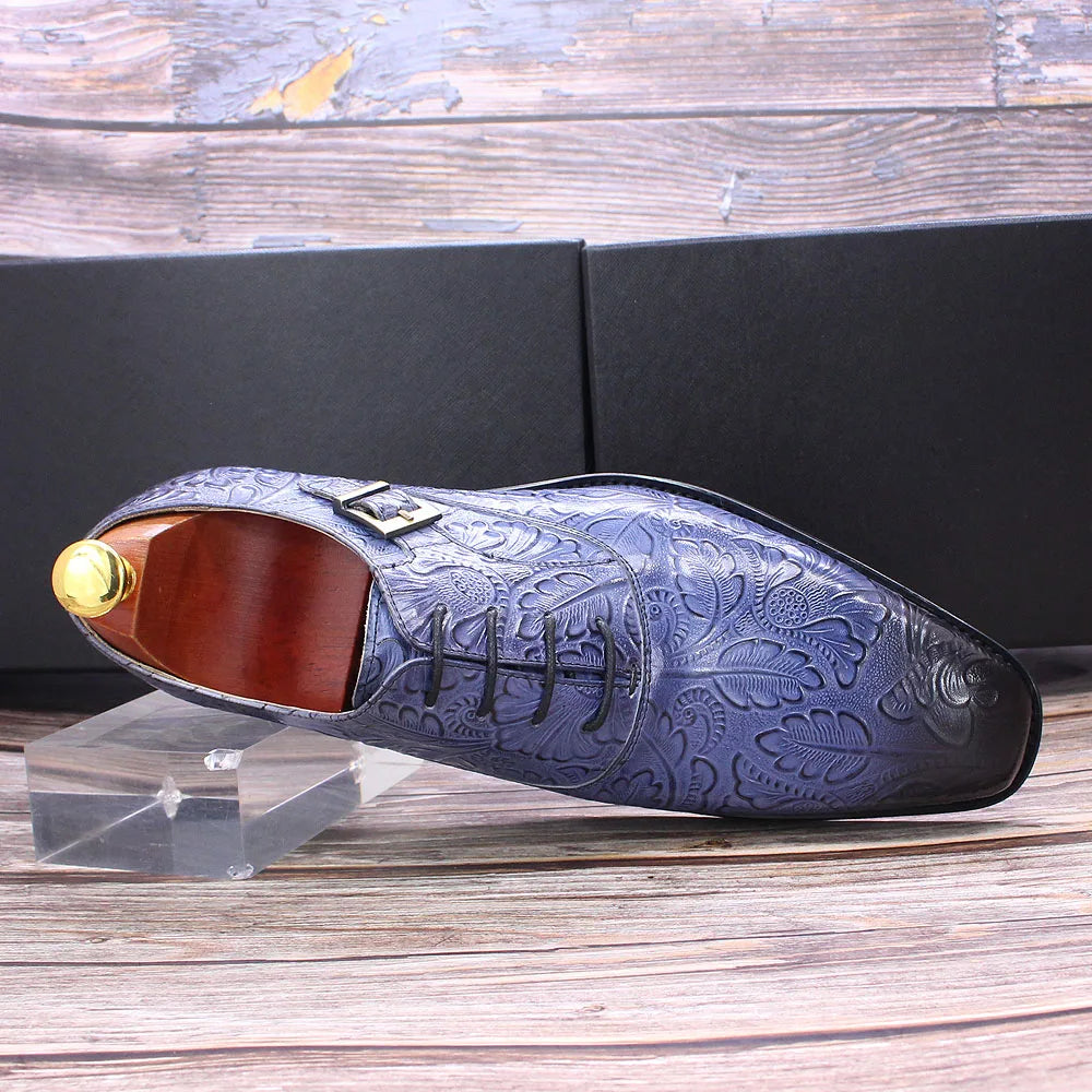 2022 Classic Men Oxford Dress Shoes Real Leather Flower Print Cap Toe Lace Up Buckle Blue Wedding Party Formal Footwear for Men