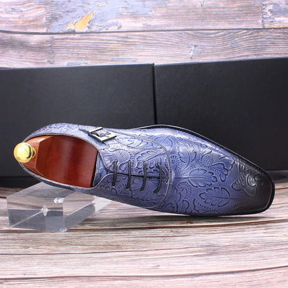 2022 Classic Men Oxford Dress Shoes Real Leather Flower Print Cap Toe Lace Up Buckle Blue Wedding Party Formal Footwear for Men