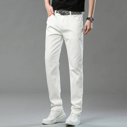 2025 Autumn Men's Elastic Colorful Jeans Breathable Casual  Straight Fitted Solid Color Denim Pants Korean Fashion Trousers