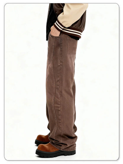American Retro Men's Brown Casual Baggy Wide Leg Jeans Korean Cartoon Elephant Embroidery Loose Wide Leg Denim Pants Unisex