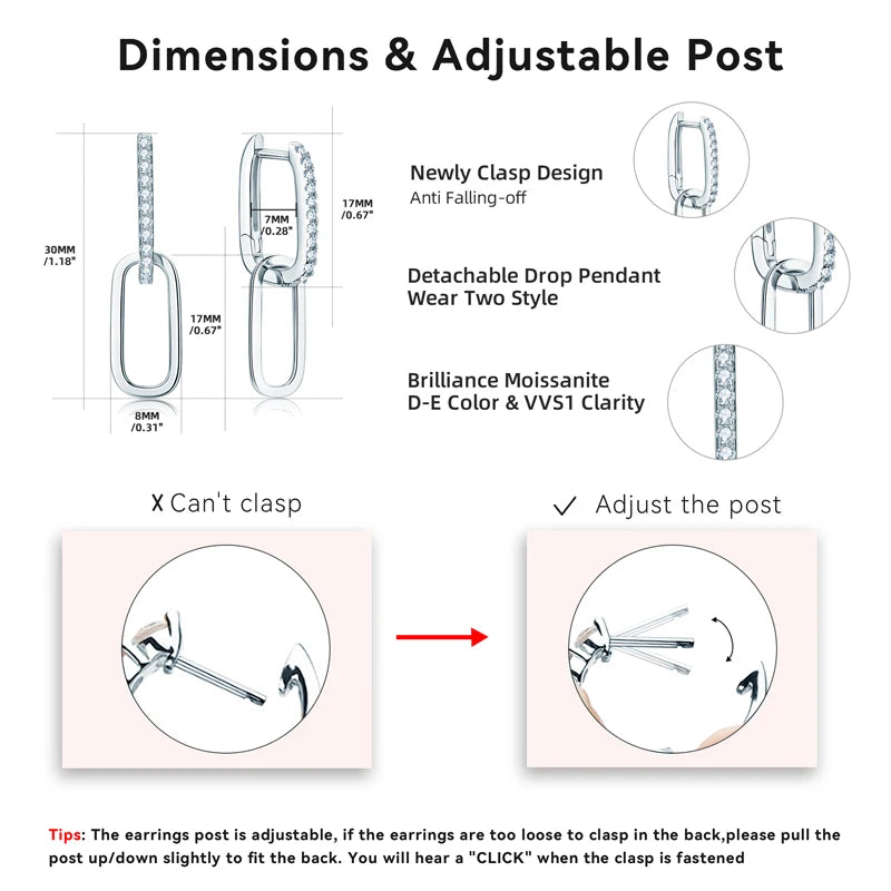 Moissanite Paperclip Link Earrings for Women Silver 925 Real 1.4mm D Color Diamond Huggie Hoop Earrings 2023 Trend Jewelry