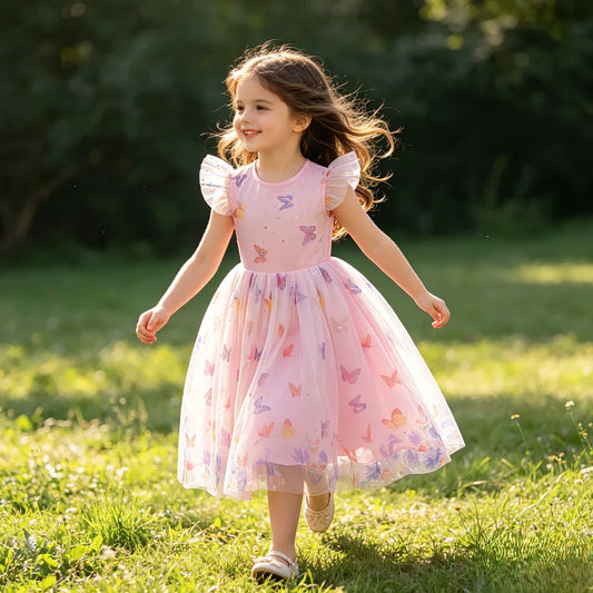 2026 Baby Girl Summer Dresses Kids Pink Butterfly Printed Princess Dress Children Birthday Party Dress Up Girls Fashion Clothes