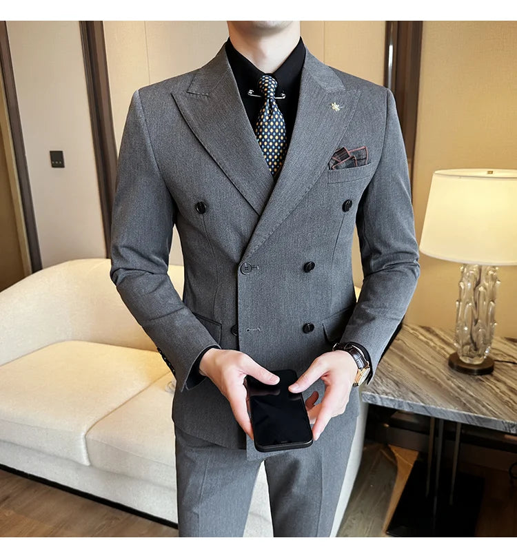 (Jackets+Pants) Luxury Double Breasted Design Slim Fit Suit High Quality Fashion Men's Wedding Social Suit Tuxedo 2 Piece Set