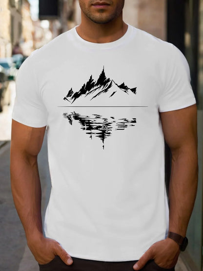 Men's summer 100 pure cotton fashionable casual loose fit plus mountain reflection printed round neck short sleeved T-shirt top