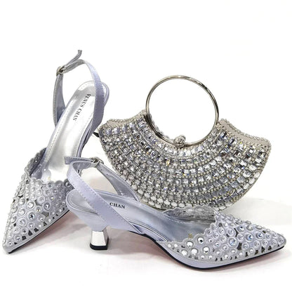 Latest High Heel Gold Color Atmospheric Luxury Pattern With Rhinestones Party Ladies Shoes And Bag Set