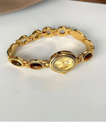 Women's Gold Watch Vintage Brown Jade Bracelet Small Dial Quartz Daily Wear Party Clock Luxury Waterproof Ladies Watches Gifts