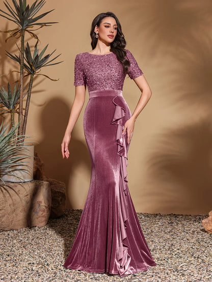 Round neck short sleeve sequined velvet ruffled decorative hip dress