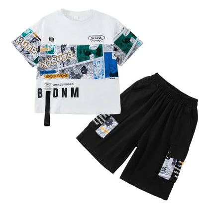 Summer Boys Cotton Alphabet Picture Printed T-Shirt Tops+Shorts Pant School Kids 2PCS Tracksuit Child Outfits Workout Set 3-16Yr