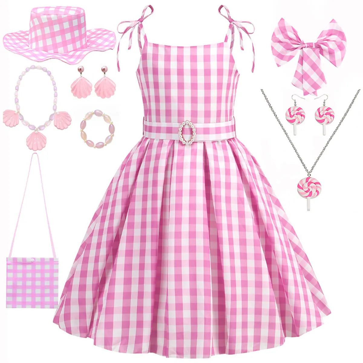 2025 Summer Beach Baby Girl Pink Cute Sleeveless Plaid Slim Strap Dress For Girl Cowboy Look Stripe Dress Set With Belt