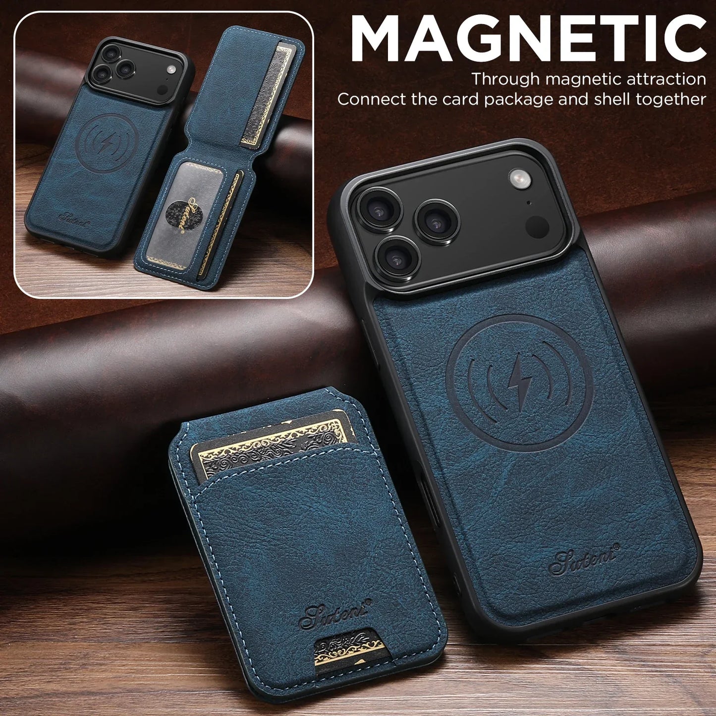 Wireless Charging Phone Case Magnet Card Holder Stand Faux Leather For iPhone 17 Pro Max 16 Plus 15 14 13 12