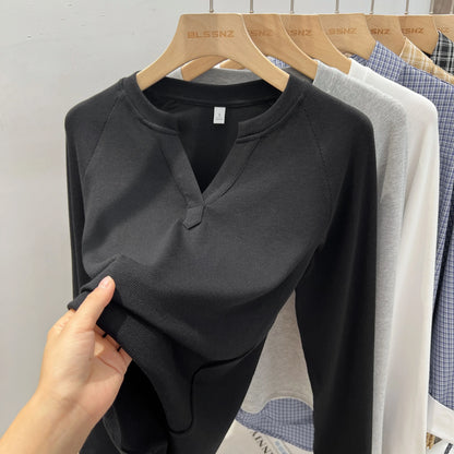 2026 Women's Basic Style Slim Fit V-Neck Long Sleeve T-Shirt Korean Style Versatile Simple Base Layer Top Casual Tee for Women