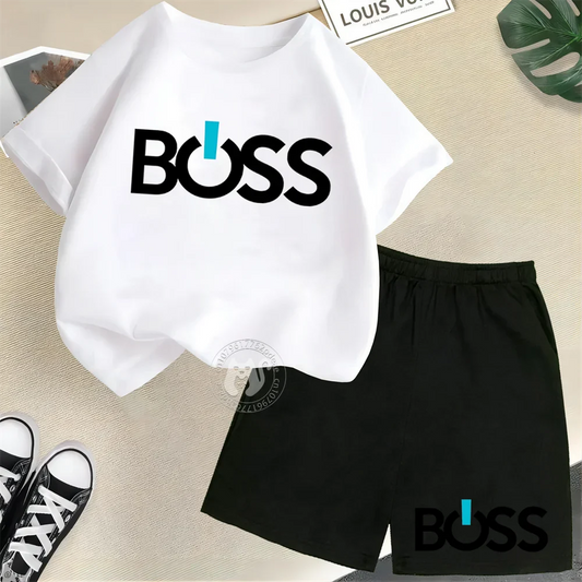 Simple letter BOSS Print Teen boys Girls street casual suit top Kids Summer  Short sleeve T-shirt + Shorts