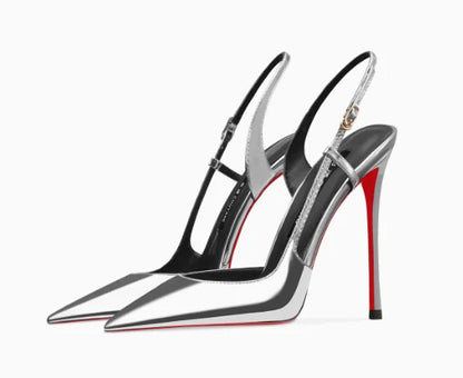New silver patent leather flat buckle sandals with pointed edges and slim heels, stylish and stylish, worn in the backless style