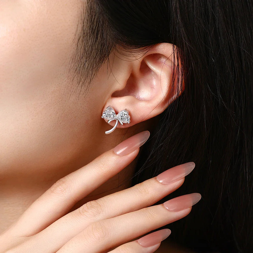 Original Bow Earrings S925 Silver Heart Cut Moissanite Stud Earring for Women Romantic Dainty Party Jewelry Gift Choice