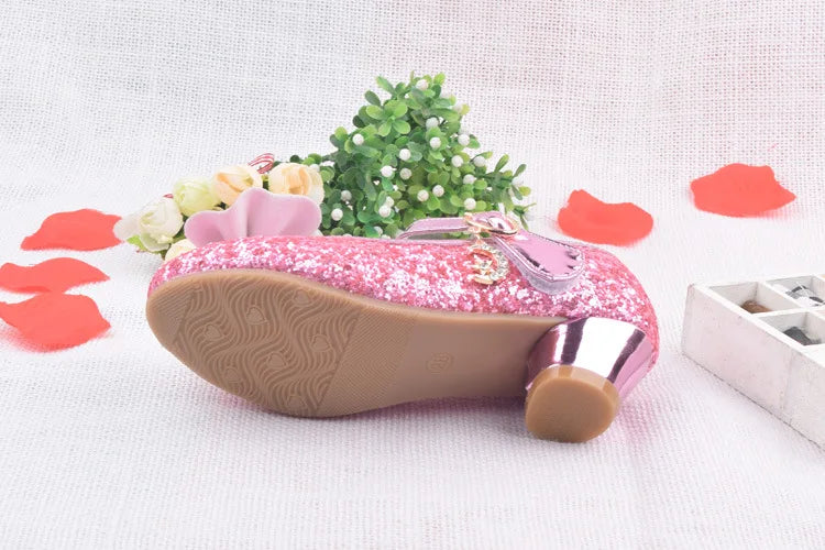 Spring Children Shoes Girls High Heel Princess Dance Sandals Kids Shoes Glitter Leather Fashion Girls Party Dress Wedding Shoes