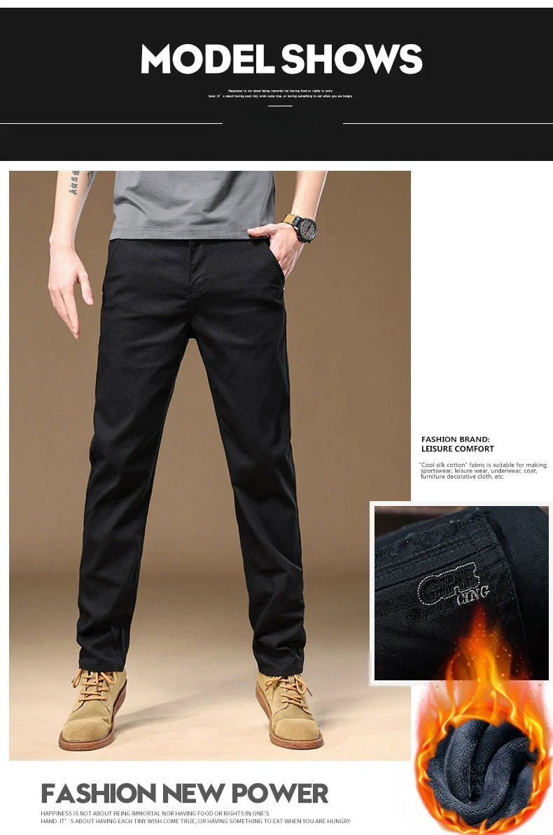 3 Colors Men's Fleece Casual Pants 97% Cotton Warm Velvet Elasticity Business Trousers Straight Fashion Korean Thicken Pants