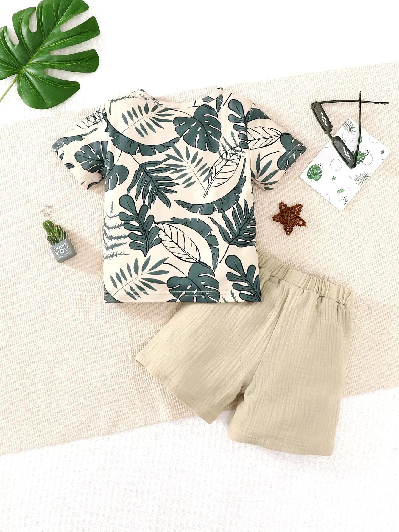 2PCS Kid Boy Clothes Set Short Sleeves Leaf Print Pocket Style T-shirt+Shorts Summer Casual Outfit For Child Boy 4-7 Years