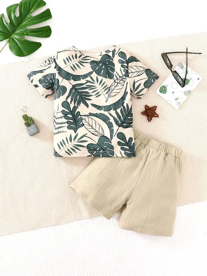 2PCS Kid Boy Clothes Set Short Sleeves Leaf Print Pocket Style T-shirt+Shorts Summer Casual Outfit For Child Boy 4-7 Years
