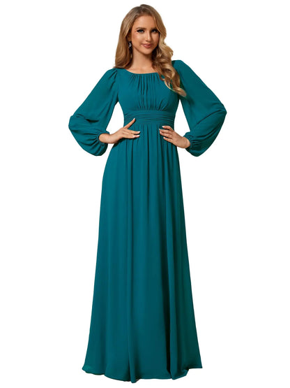 Women's Crewneck Lantern Sleeves Bridesmaid Dresses For Wedding Flowy A-Line Pleated Floor Length Chiffon Formal Evening Dresses