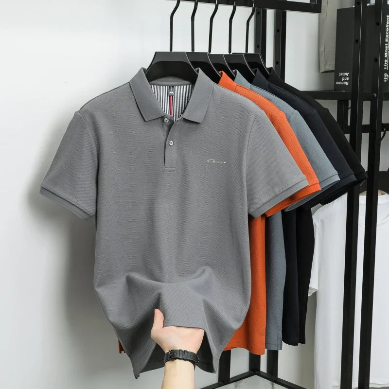 Brand 100%pure cotton short sleeve polo shirt men's new fashion letter embossed business casual solid color summer lapel T-shirt