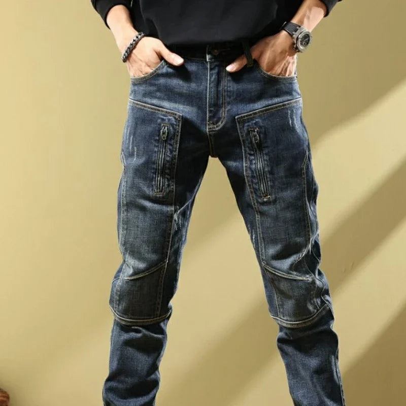 Man Cowboy Pants with Pockets Men's Jeans Motorcycle Tapered Trousers Straight Retro Trend 2025 Classic Stylish Goth Denim Buggy