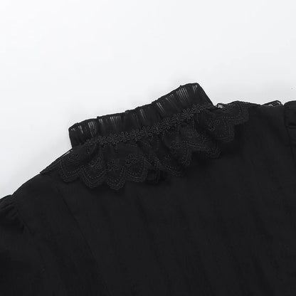 Cotton Shirts Women Vintage Gothic Black White Jacquard Short Sleeve Blouses Elegant Office Lady Y2k Tops