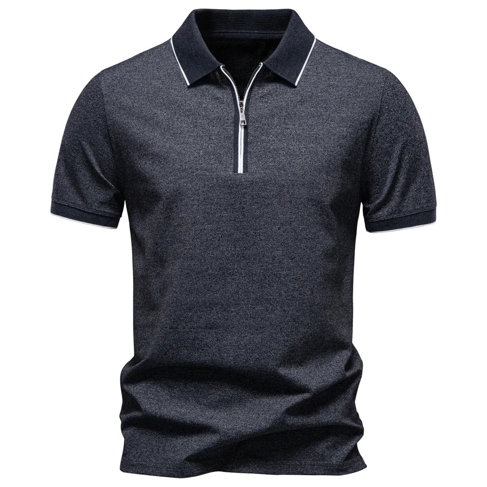 2026 Men's Cotton Blend Polo Shirts Short Sleeve Zippered Soft Breathable Lightweight Casual Solid Color Polo Shirt for Men