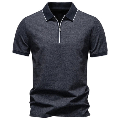 2026 Men's Cotton Blend Polo Shirts Short Sleeve Zippered Soft Breathable Lightweight Casual Solid Color Polo Shirt for Men