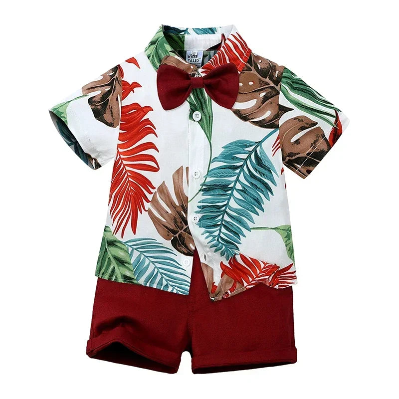 Toddler Baby Boys Sets Summer Hawaiian Outfit Infant Kids Floral Print Short Sleeve Shirt Bowtie Shirt+Shorts Gentleman Suits