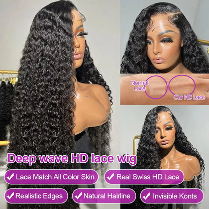 40 46 Inch Deep Wave Lace Frontal Wig 13x4 13x6 Hd Transparent Curly Human Hair Lace Front Wigs For Black Women Water Wave Lace Wigs Pre Plucked Baby Hair 300 High Density Brazilian Human Hair