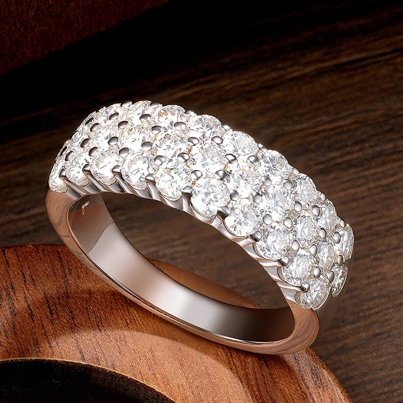 D VVS1 Moissanite Rings for Women Solid 925 Sterling Silver Plated 18k White Gold 3-Row Half Eternity Anniversary Band