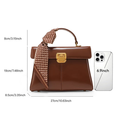 Genuine Leather Handbag with Scarf | Luxury Designer Trendy Shoulder Bag Solid Color Commuting Bag | bags for women gift