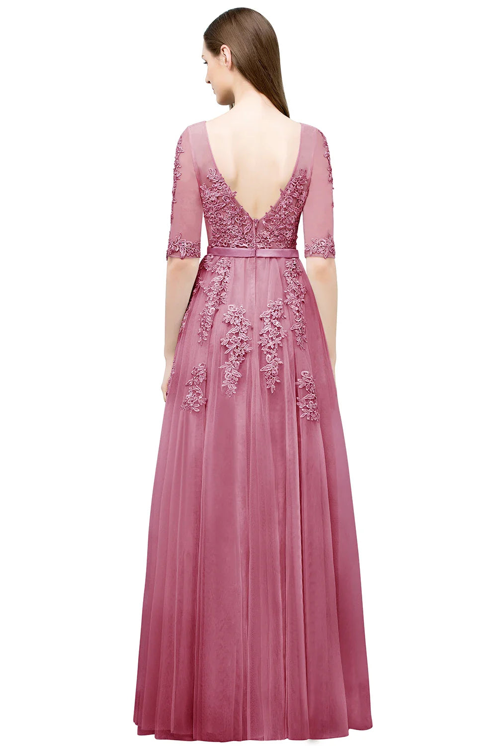 Elegant Half Sleeve Evening Dresses Lace Appliques A-Line Long Tulle Strap V-Neck Sheer Backless Prom Dress Empire Party Gowns