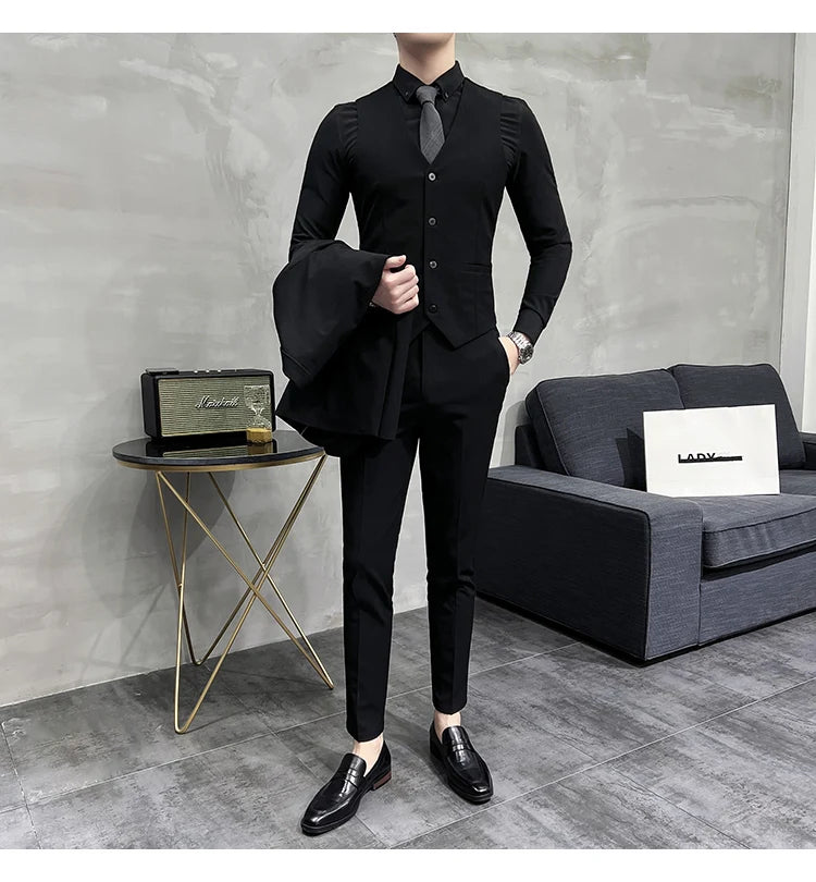 ( Blazer + Vest + Pants ) Boutique Fashion Solid Color Men's Slim Casual Business Suit Three-piece Set Groom Wedding Dress Party