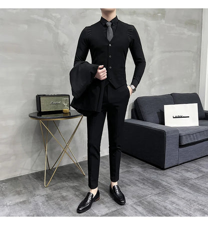( Blazer + Vest + Pants ) Boutique Fashion Solid Color Men's Slim Casual Business Suit Three-piece Set Groom Wedding Dress Party