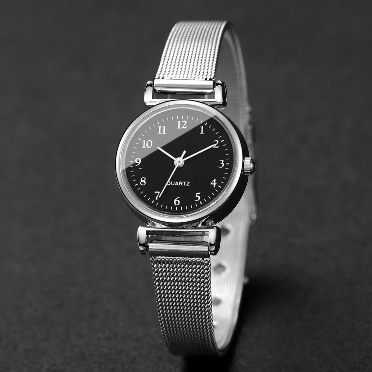 2PCS Fashion Women Quartz Watch Steel Mesh Band Watches Opening Cuff Bracelet Bangle Set（Without Box）