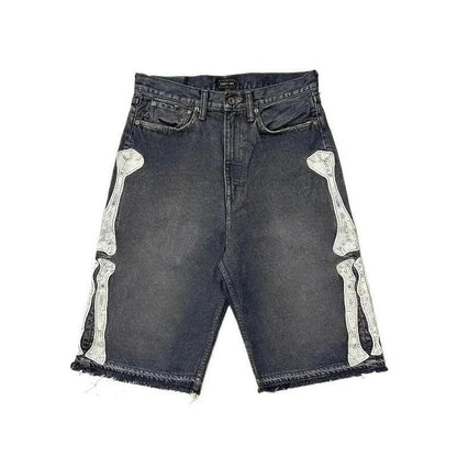 Y2k Vintage Harajuku Denim Shorts Women Washed Letter Embroidery Tassels American Retro Jeans Man Baggy Hip Hop Jorts