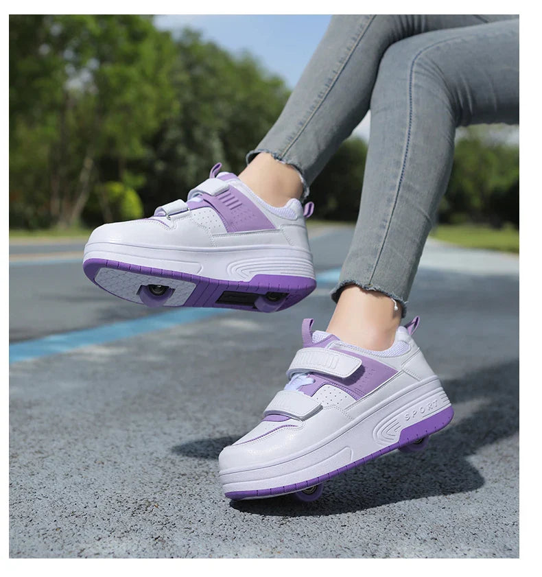 Autumn 2025 Kids Walking Shoes Detachable Double Wheel Roller Skates Boy Leather Student Shoe Four Wheeled Children Shoes Girl