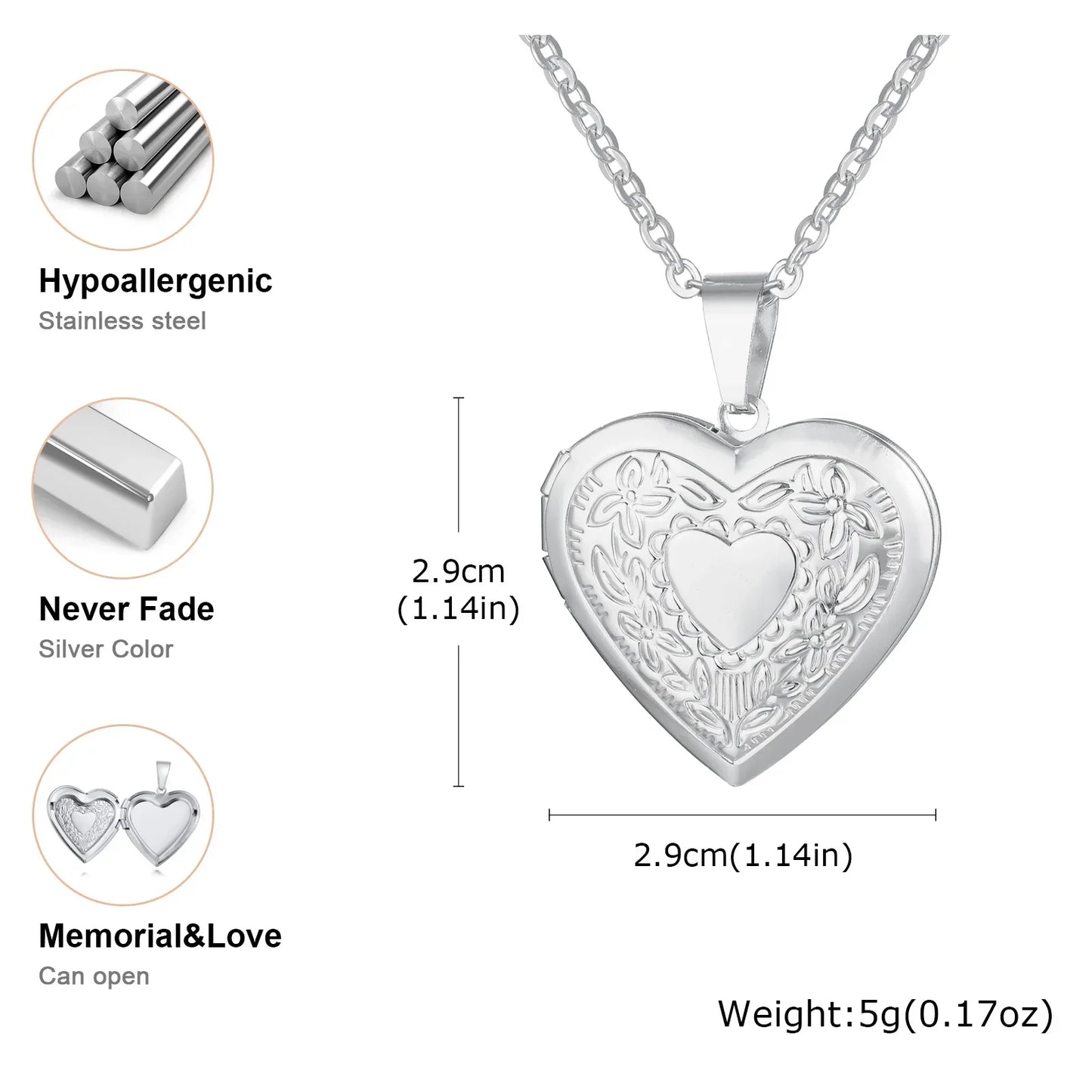 Light Heart Locket Pendants for Women Men Openable Photo Frame Glossy Stainless Steel Necklaces Family Love Collar